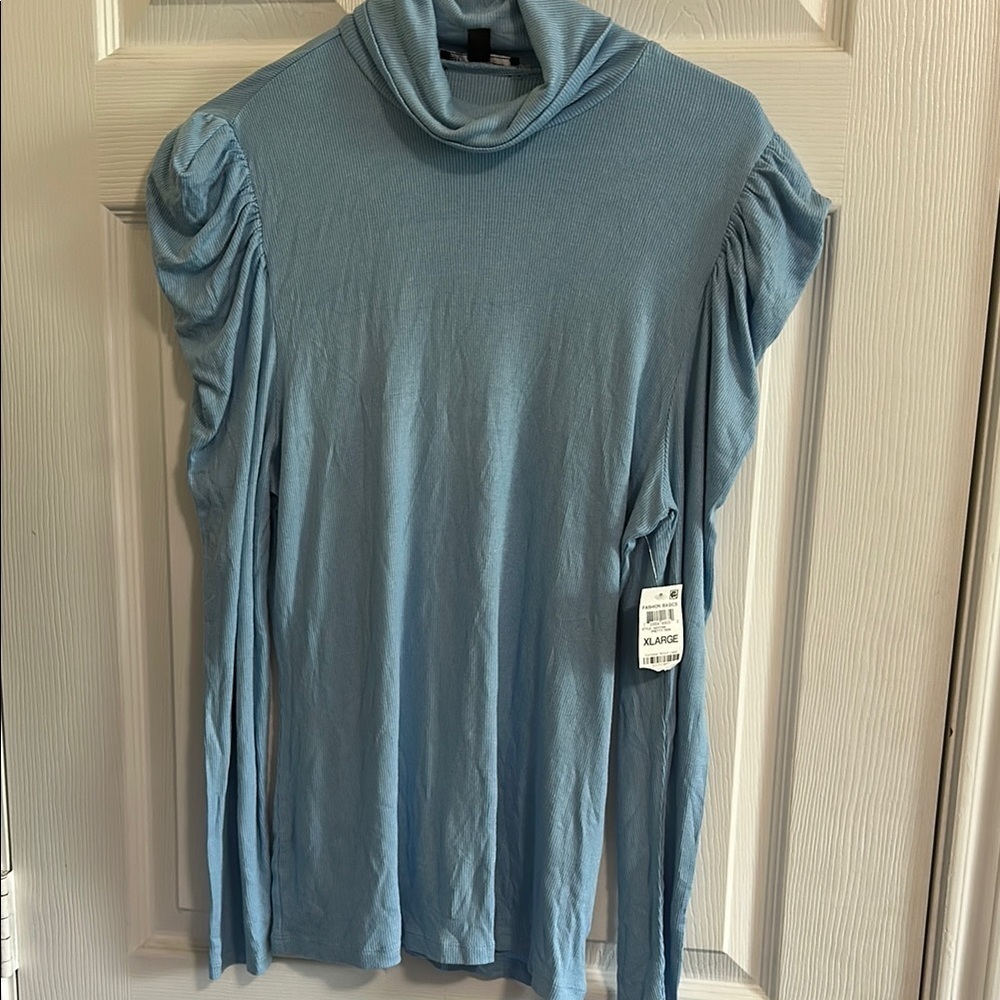 INC International Concepts Puffed Long Sleeve Ribbed Turtleneck Light Blue XL